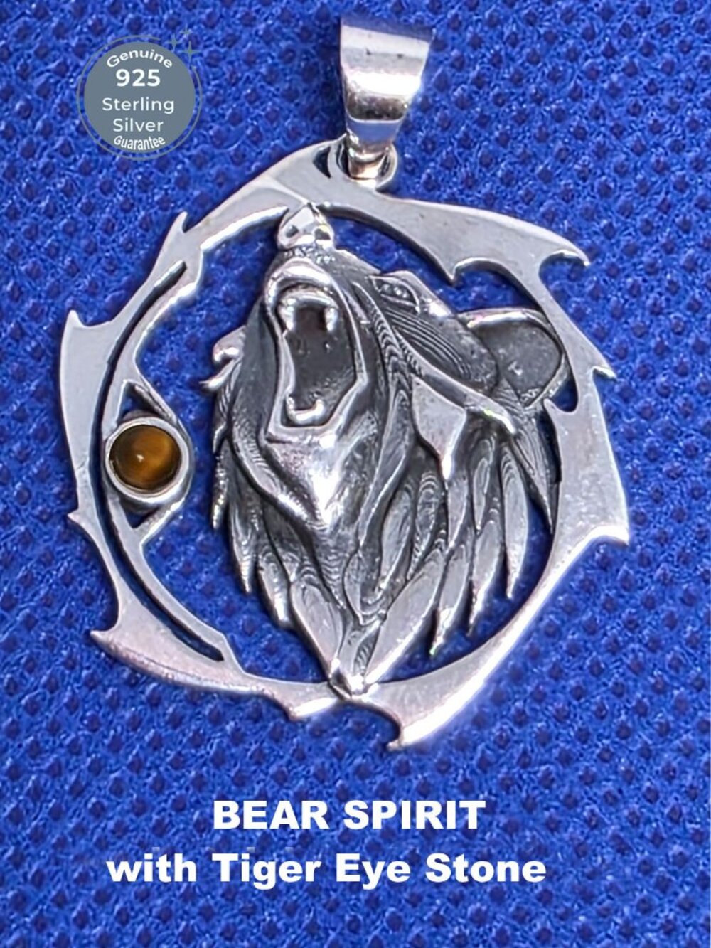 Sterling Silver 925 𝑩𝒆𝒂𝒓 𝒔𝒑𝒊𝒓𝒊𝒕 w/𝑻𝒊𝒈𝒆𝒓 𝑬𝒚𝒆 Amulet Necklace